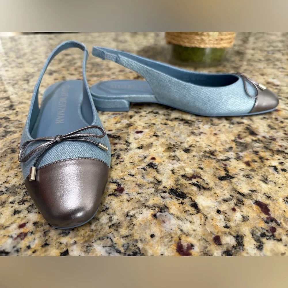 NWOT Stuart Weitzman Sleek Denim Bow Slingback Flat, Size 7.5
